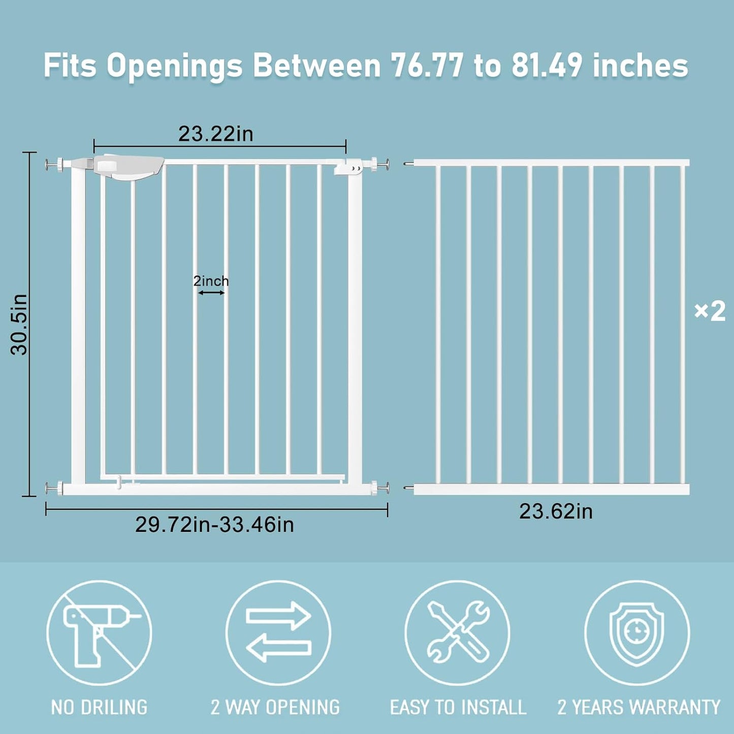 WAOWAO Triple Lock Baby Gate Extra Wide 76.77-81.49" Pressure Mounted Walk Through Swing Auto Close Safety White Metal Dog Pet Puppy for Stairs,Doorways,Kitchen