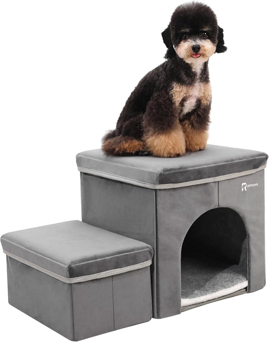 Foldable Pet Stairs for Beds & Sofas - Non-Slip Dog Steps with Storage for Small to Medium Dogs & Cats, Supports up to 120 lbs - Durable 2 & 3-Step Doggie Ladder for Easy Access