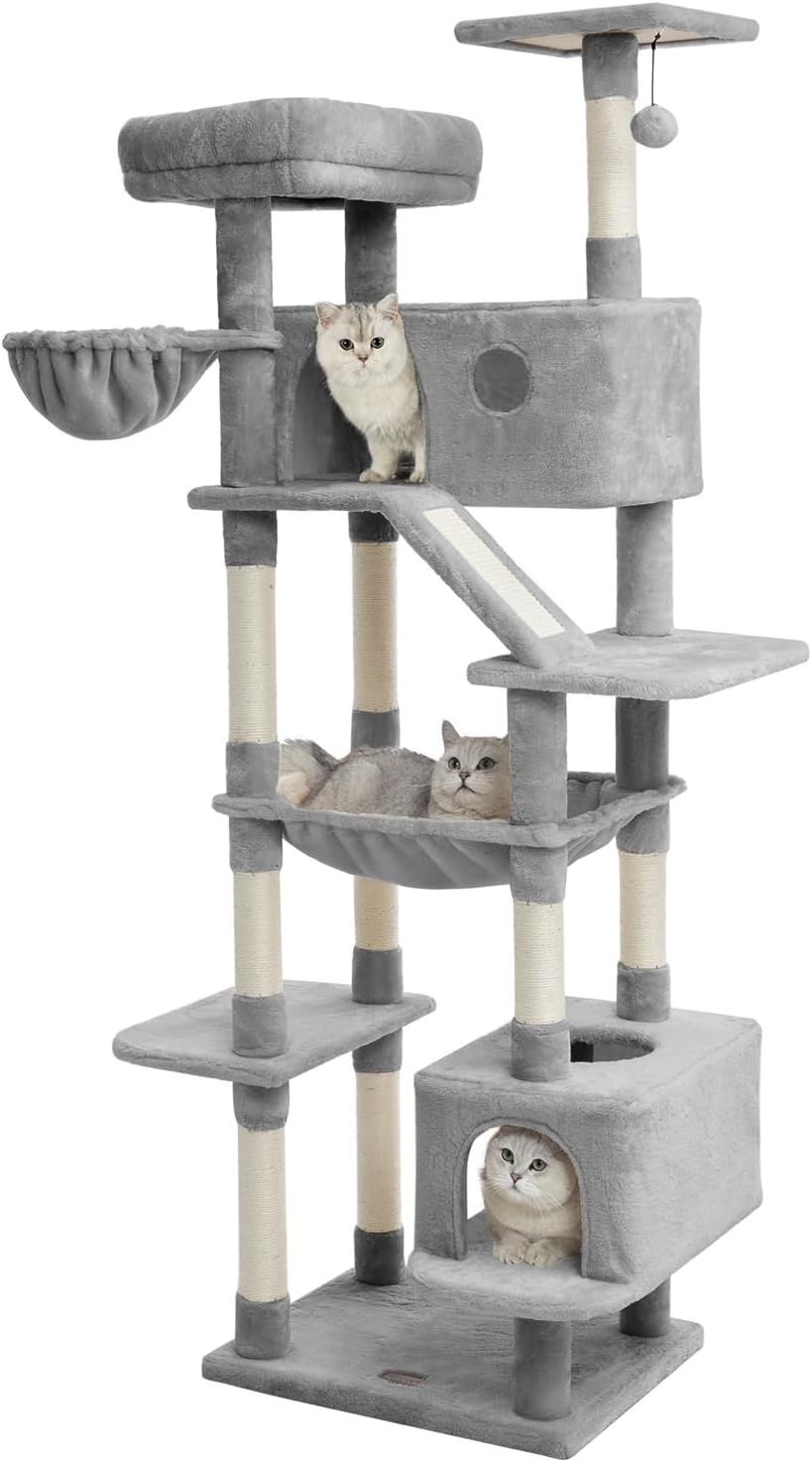 73 inches Large Cat Tree for Indoor Cats, Tall Cat Tower with Sisal Scratching Posts and Pads, Padded Plush Perch, Cozy Basket, Plush Condo for Large Cats (Grey)