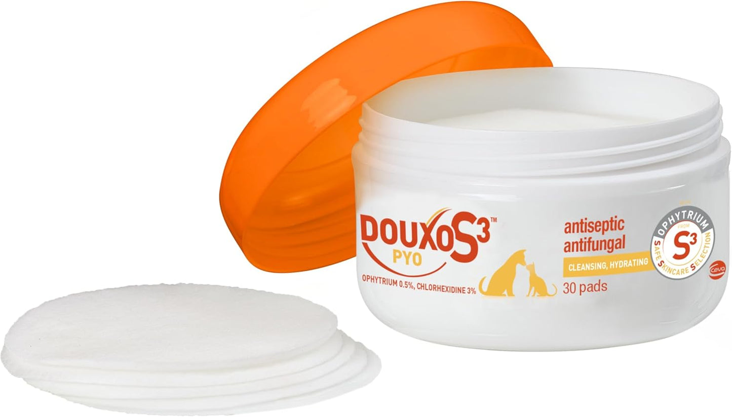Douxo S3 Pyo Pads, Contains 3% Chlorhexidine & 0.5% Ophytrium, Antiseptic & Hydrating, For Bacterial or Yeast Skin Infections, For Dogs and Cats, 30 Pads
