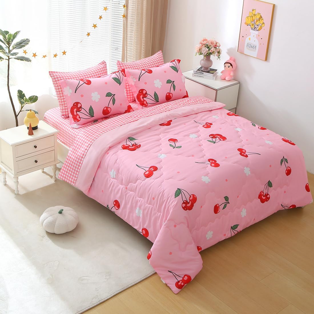 Girls Cherry Comforter Bedding Set Full Size 7 Piece Pink Kawaii Oriental Cherry Comforter Set Bed in A Bag for Kids Teens All Season (Comforter,Flat Sheet,Fitted Sheet and Pillow Sham)