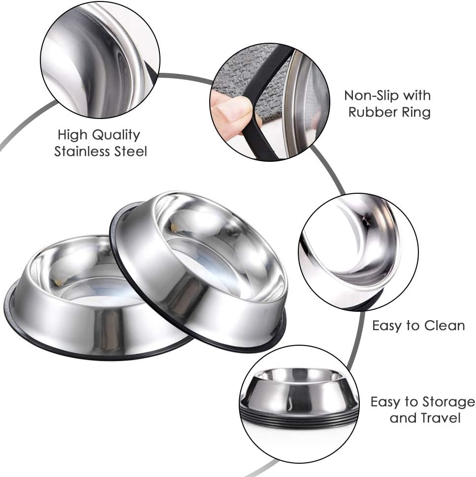 Stainless Steel Dog Bowls, 2.2 Cup/18oz Cat Bowl Water and Food with Rubber Base, Pet Bowls for Medium Dogs, Cats and Rabbit, 3Pack