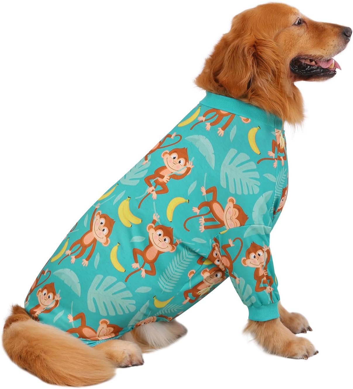 HDE Dog Pajamas One Piece Jammies Jumpsuit Pet Clothes Outfit Stretchy Lightweight Comfy Shirt Pjs for M-3XL Dogs Monkeying Around - M