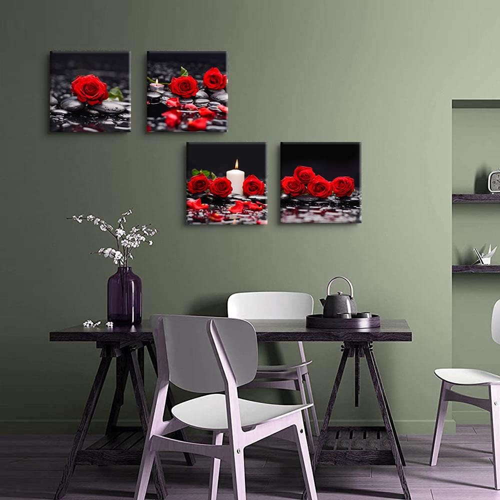 Yxbhhym-Zen Bathroom Wall Art Rose Picture Black and Red Wall Decor Flower Canvas Prints Meditation Poster Framed Wall Art for Living Room Bedroom Accessories Room Décor Spa Stone Decorations