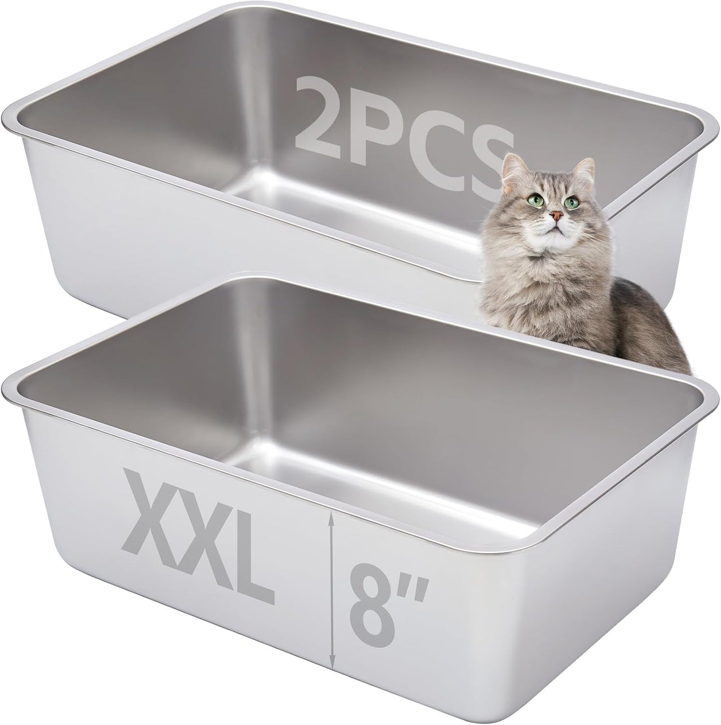 Stainless Steel Litter Box,Metal Litter Box for Big Cats 8IN Deep, Cat Litterbox 2 Pack Easy to Clean-High Sided,Stainless Steel CatLitters Box for Adult Cats,Non Stick, No Smell