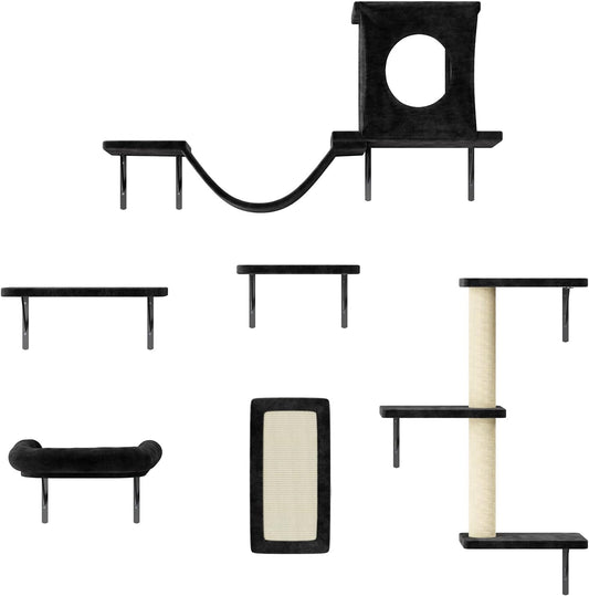 NUNU LAB Cat Wall Shelves, 6 Pcs Luxury Wall-Mounted Cat Climber Set, Indoor Cat Furniture with 1 Condos House, 2 Cat Wall Shelves, 1 Scratching, 1 Bridge Ladder, 1 Scratching Pad, Black
