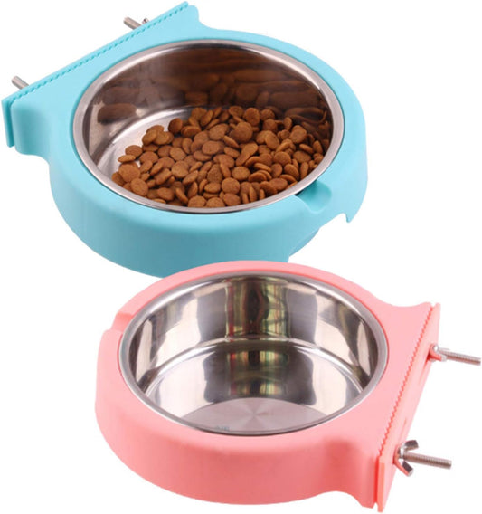 kathson Crate Dog Bowl, Removable Stainless Steel Hanging Pet Cage Bowl Food & Water Feeder Coop Cup for Cat, Puppy, Birds, Rats, Guinea Pigs (2pcs(Pink,Blue))