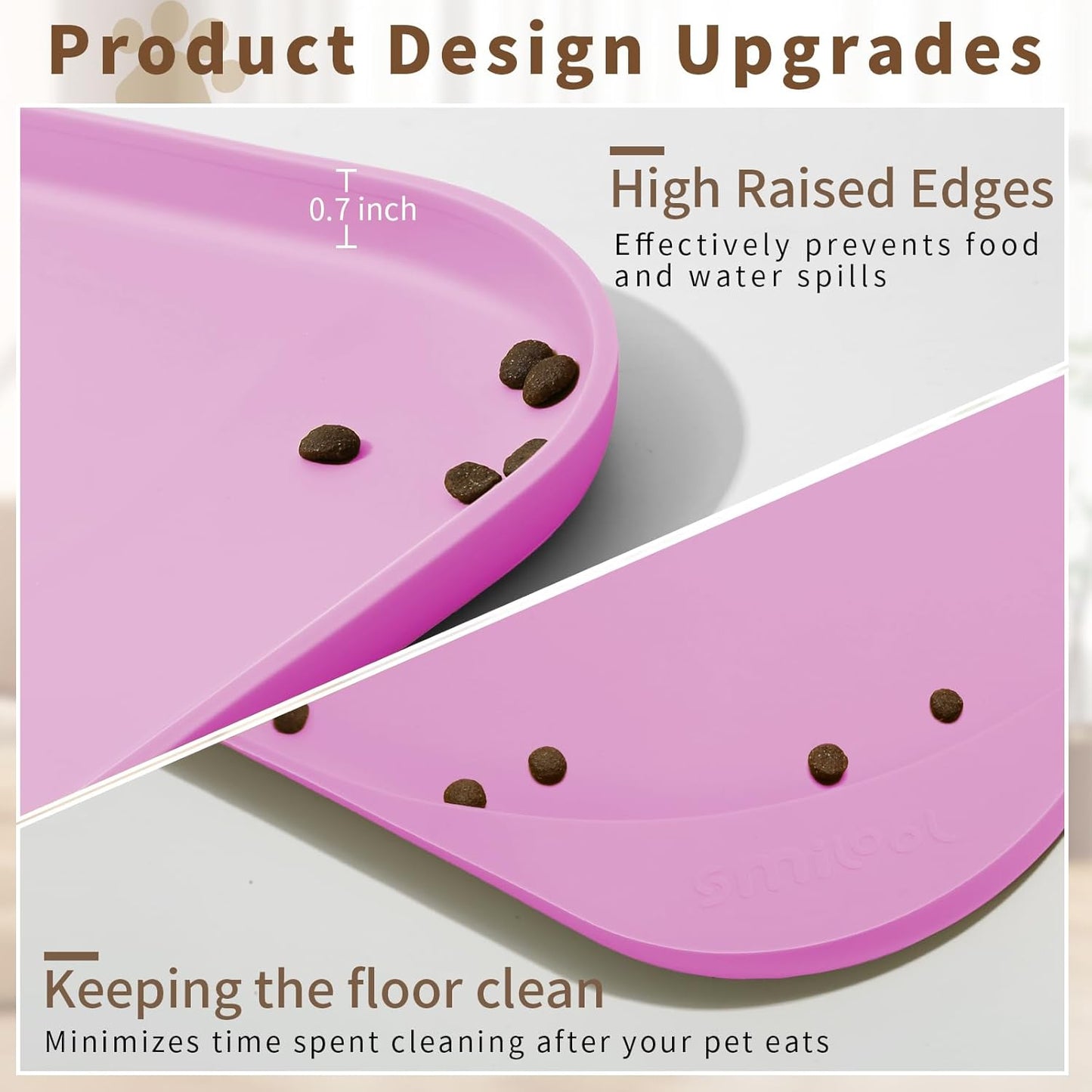 Silicone Pet Feeding Mat with Raised Edge & Residue Collection Pocket for Food and Water, Dog Bowl Mats, Cat Bowls Placemat with High Lip for Floor Waterproof, 19 x 12 x 0.7 Pink