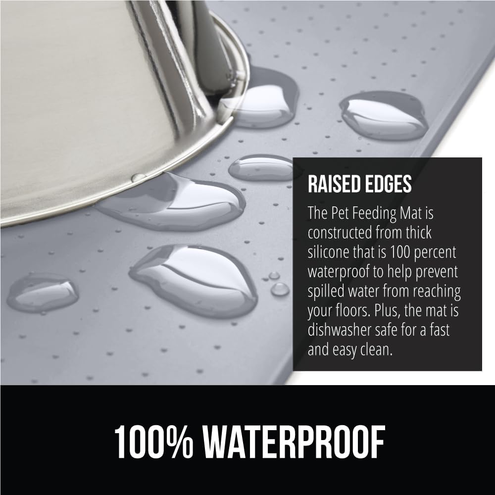 GORILLA GRIP 100% Waterproof Raised Edge BPA Free Silicone Pet Feeding Mat, Dog Cat Food Mats Contain Spills Protects Floors, Placemats for Cats, Dogs Water Bowl, Pets Accessories 16x10, Light Gray