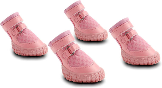 Dog Shoes for Small Dogs, Double Binding Straps Puppy Boots & Paw Protectors for Summer Hot Pavement, Winter Snow, Dog Booties with Anti-Slip Rubber Soles for Beach Hardwood Floor Pink Size 2