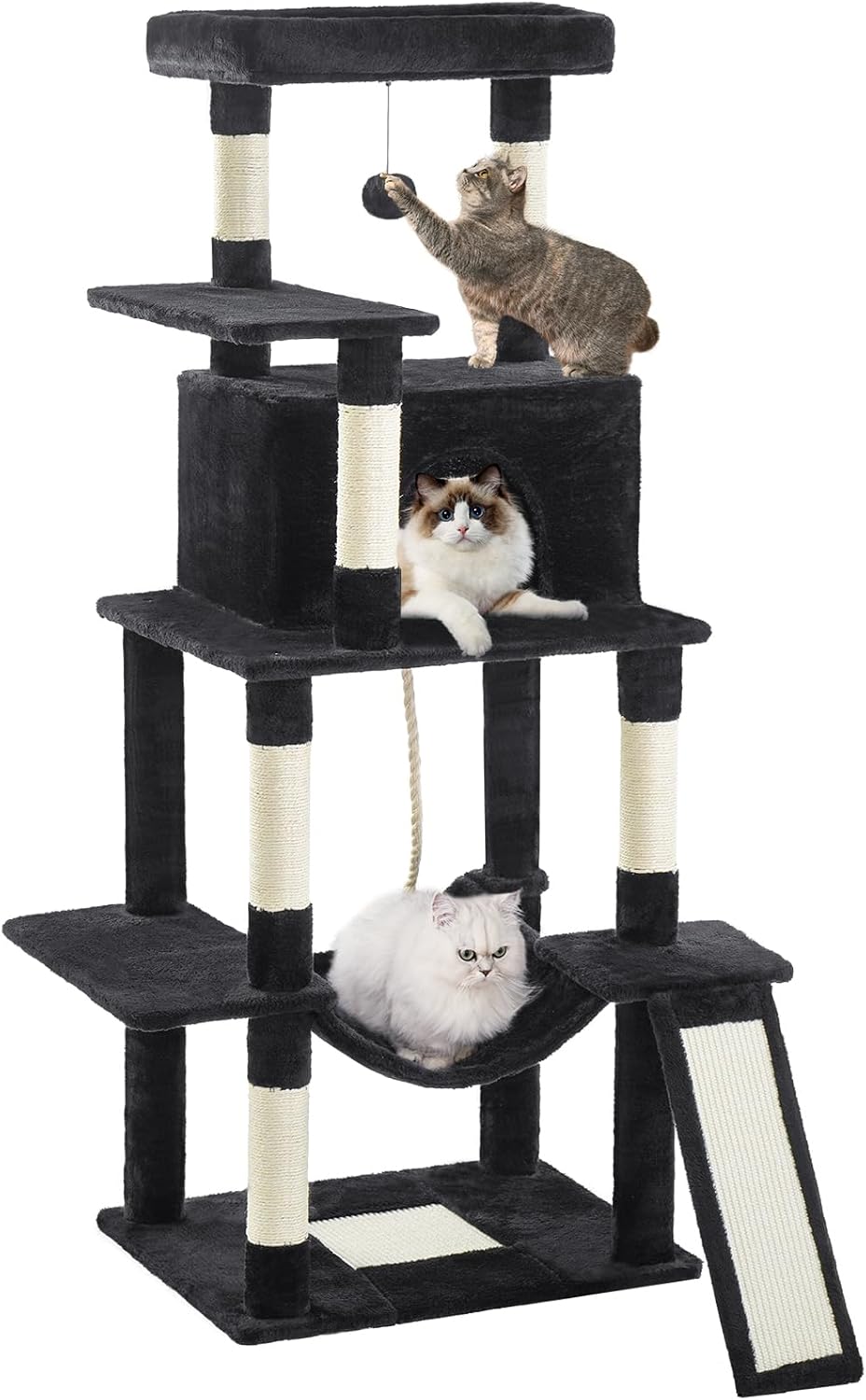 Cat Tree Tower 63in Multi-Level Cat Tower for Indoor Cats with Sisal Scratching Posts, Condo, Hammock, Dangling Ball and Extended Platform for Cats to Play, Black