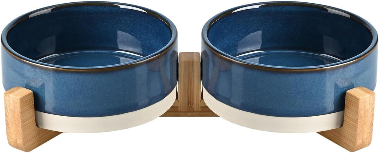 SPUNKYJUNKY Ceramic Dog and Cat Bowl Set with Wooden Stand, Modern Cute Weighted Food Water Bowl Set for Small Size Dogs (1.7 Cups, 2 × Pattern Blue)