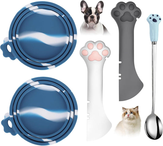 Comtim 5 PCS Pet Food Can Lids & Spoons Set - Silicone Dog Cat Food Can Covers Lids Top/Multi-Function Cat Food Spoon Spatula Can Opener for Wet Food/Long Handle Spoon Easy to Scoop Food