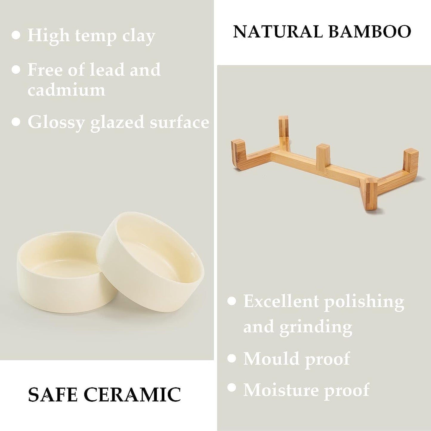 SPUNKYJUNKY Ceramic Dog and Cat Bowl Set with Wooden Stand, Modern Cute Weighted Food Water Set for Small Size Dogs (13.5OZ) & Medium Sized Dogs (28.7OZ) & Cats (1.7 Cups, 2 × Beige)