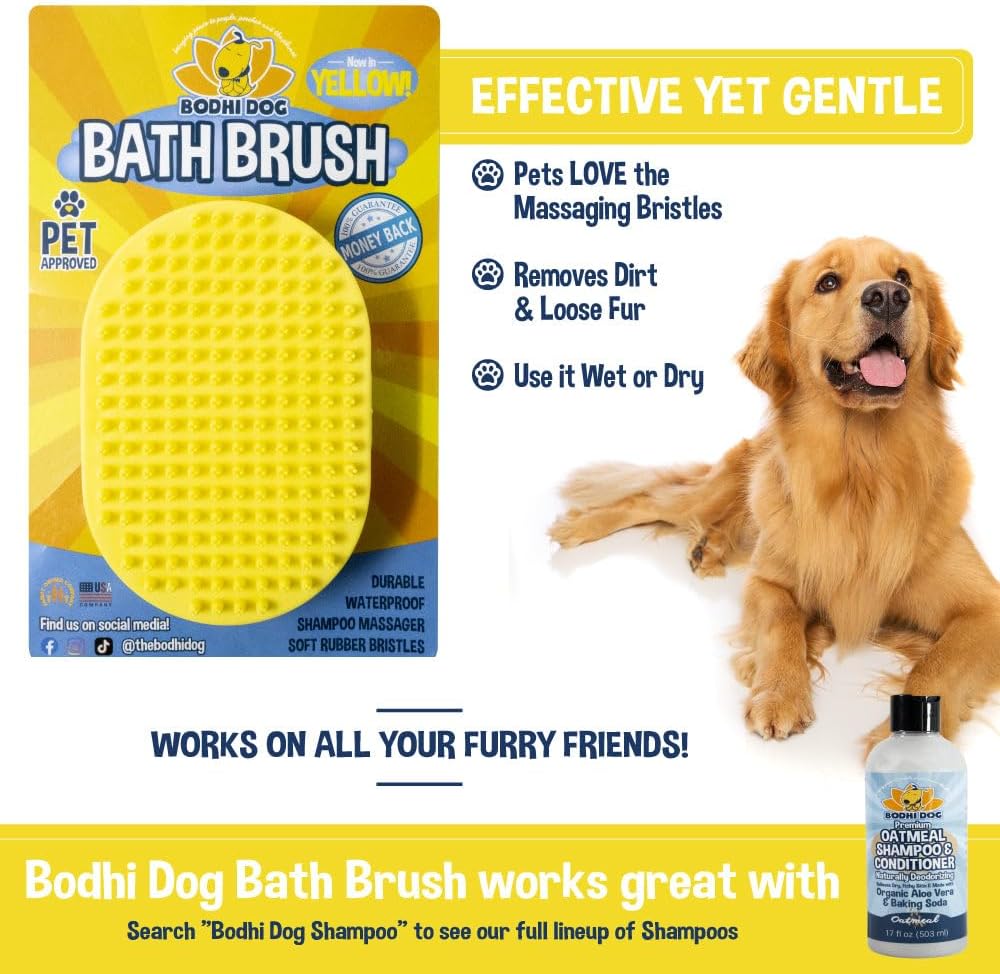 Bodhi Dog Shampoo Brush - Pet Grooming & Bath Supplies for Dogs and Cats - Bath Brush for Long & Short Hair - Premium Scrubber for Shower, Bathing & Massage (One Pack, Yellow)