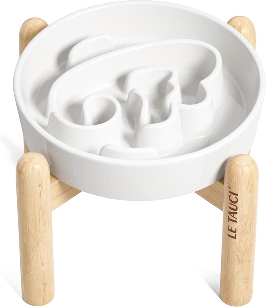 LE TAUCI Ceramic Slow Feeder Dog Bowls Small Breed, 0.6 Cups Elevated Dog Bowl for Fast Eaters, Puzzle Bowl for Small Dogs and Cats,Angle White