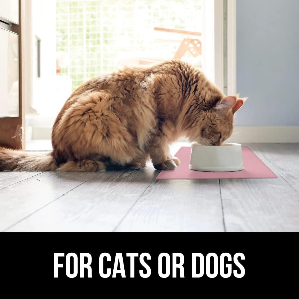 GORILLA GRIP 100% Waterproof Raised Edge BPA Free Silicone Pet Feeding Mat, Dog Cat Food Mats Contain Spills Protects Floors, Placemats for Cats and Dogs Water Bowl, Pets Accessories 32x24 Pink