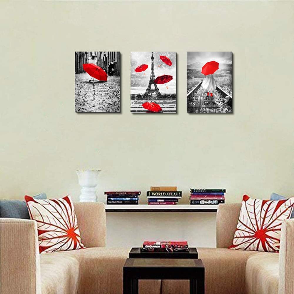 Black and white landscape Eiffel Tower 3 Piece Wall Art for Living Room Bathroom Decorations Kitchen Wall decor modern red umbrella Poster Canvas Print Office Bedroom Home Decoration wall paintings