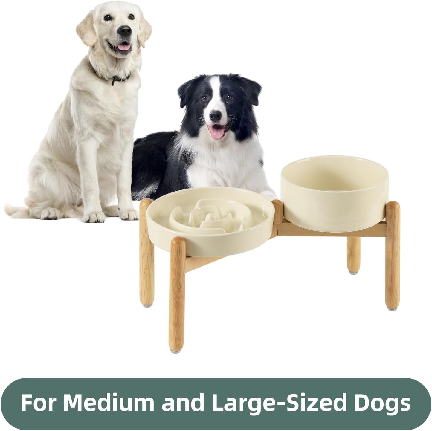 Ceramic Raised Slow Feeder Dog Bowl Set, Elevated 7.3inch Bowl and 8.2inch Puzzle Slow Dish with Wooden Stand for Medium and Large Dog, Anti-Gulping (2X Beige+ Stand)