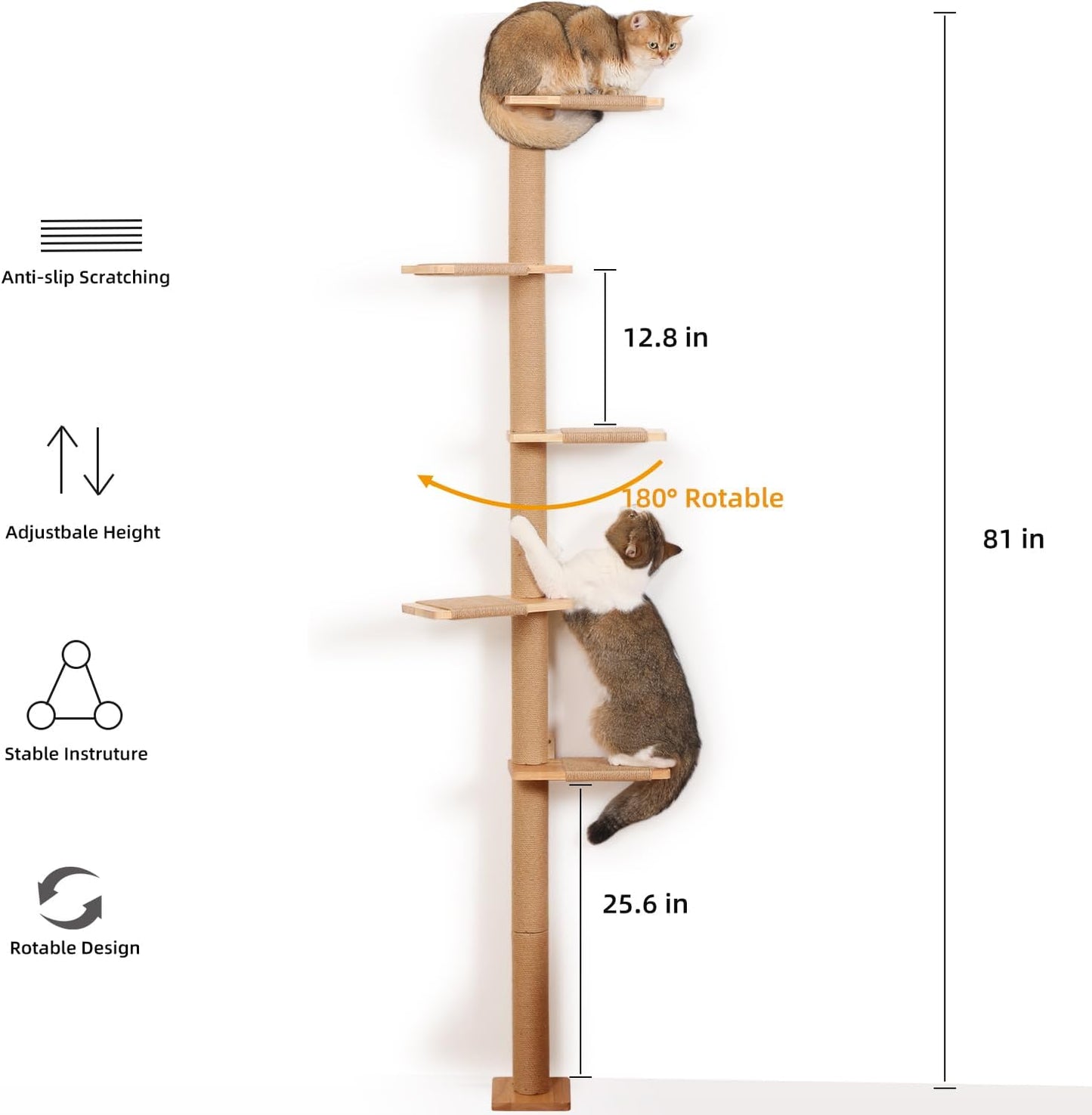 5 Tier Floor to Ceiling Cat Tree Tower with Wall-Mounted Scratching Post, Playful Wall Climbing Shelves for Cats, Ideal for Kittens to Climb, Scratch, and Lookout, Wild Simulation Design