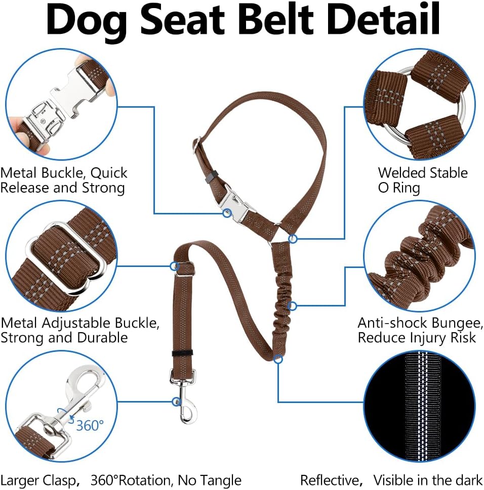 Plutus Pet Dog Seat Belt for Car Headrest, Reflective and Adjustable Restraint with Elastic Bungee for Safety, Vehicle Seatbelt Harness for Small Medium Large Dogs and Cats, Chocolate