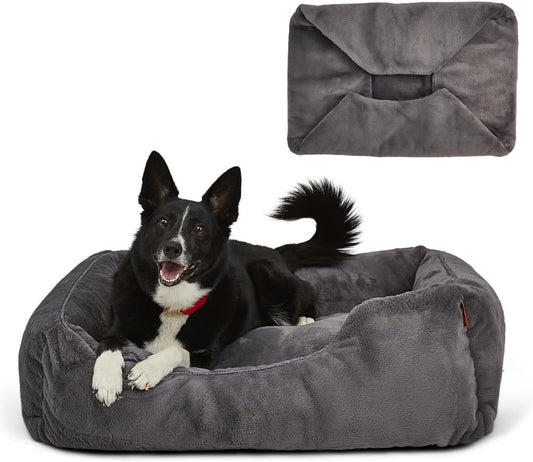 FUZI Luxury Aesthetic Dog Bed with Extra Cover for Medium Dogs, Washable Pet Couch, Pet Bed with Sides, Non-Slip Bottom, Soft & Durable Calming Dog Bed, Faux Fur, Medium 31.75x23.6x9.5 Dark Grey