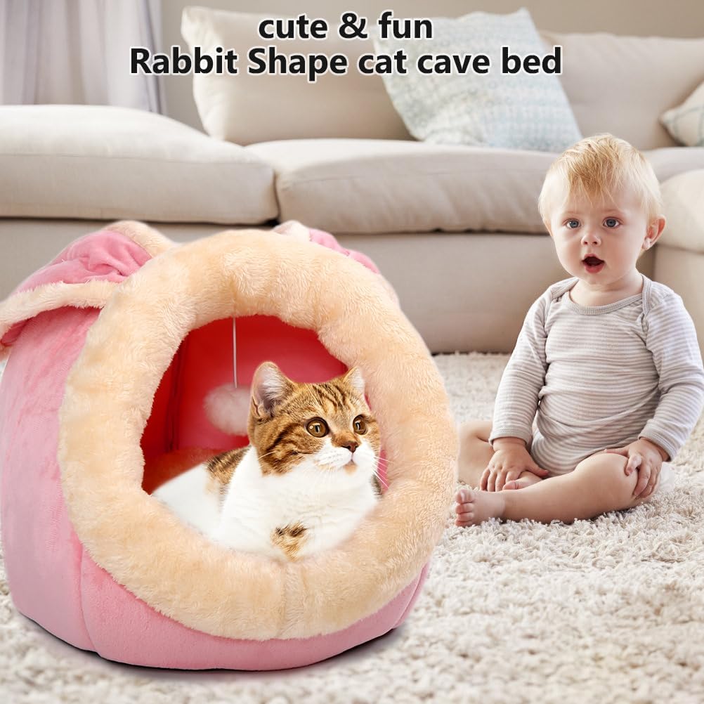 Lcybem Cat Beds for Indoor Cats - Rabbit-Shaped Cat Cave Bed with Hanging Toy,Super Soft Calming cat Tent for Kitten&Puppy,Small Dog,Warm Plush&Machine Washable&Removable Cotton Pad (Pink L)