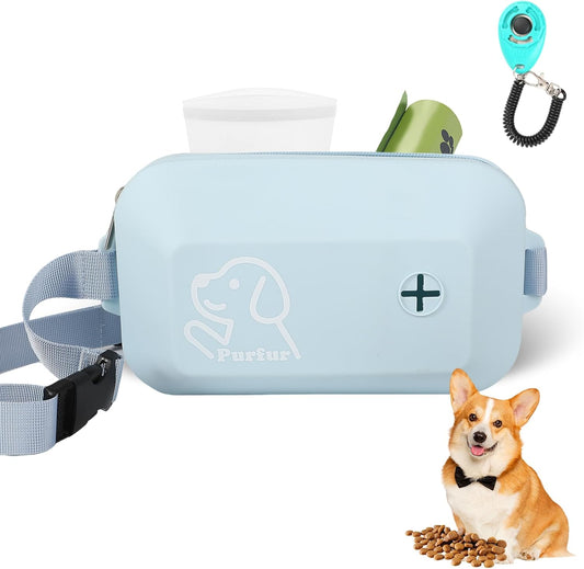 Dog Treat Pouch with Clicker & Poop Bag Holder – Waterproof Silicone, Adjustable Waist Belt for Training & Walking – Puppy Treat Pouch for Pet Training (Blue)