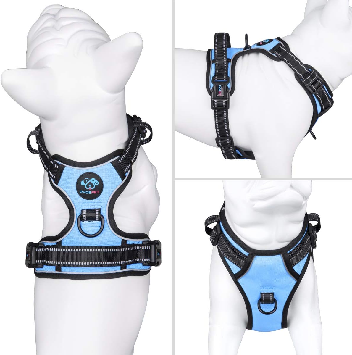 PHOEPET No Pull Dog Harness Reflective Adjustable with 2 Metal Leash Hooks and Soft Training Handle [Over The Head Design](M, Baby Blue)