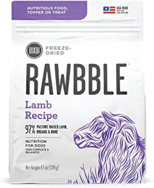BIXBI Rawbble Freeze Dried Dog Food, Lamb Recipe, 4.5 oz - 97% Meat and Organs, No Fillers - Pantry-Friendly Raw Dog Food for Meal, Treat or Food Topper - USA Made in Small Batches