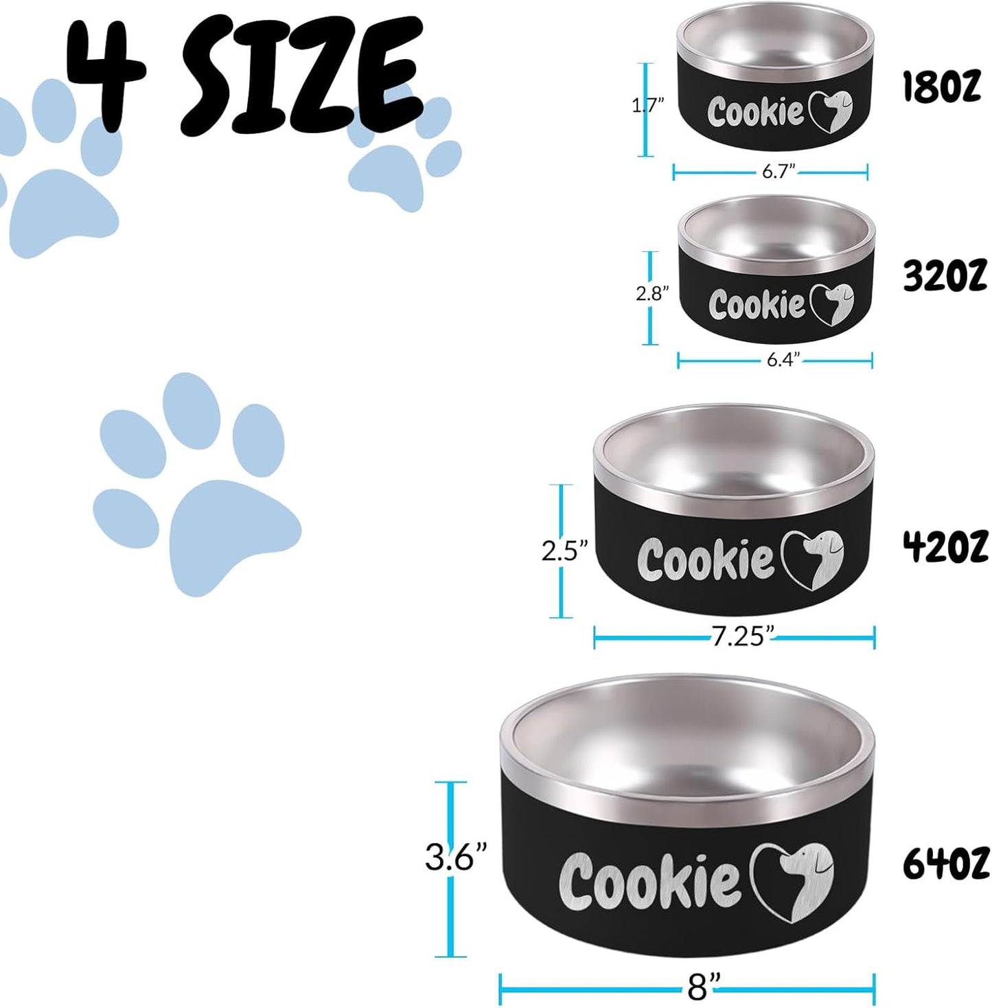 64OZ Personalized Dog Bowl Laser Engraved Custom Pet Name 18/32/42/64 oz No Slip Stainless Steel Insulated Bite-Resistant Food Water Dishes-Red