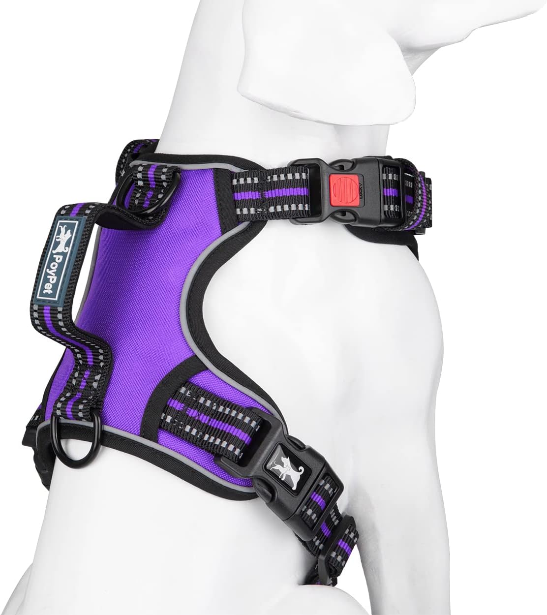 PoyPet No Pull Dog Harness, No Choke Front Clip Reflective Dog Vest with Soft Padded Vertical Handle, 3 Leash Attachments for Small Medium Large Dogs (Purple,M)