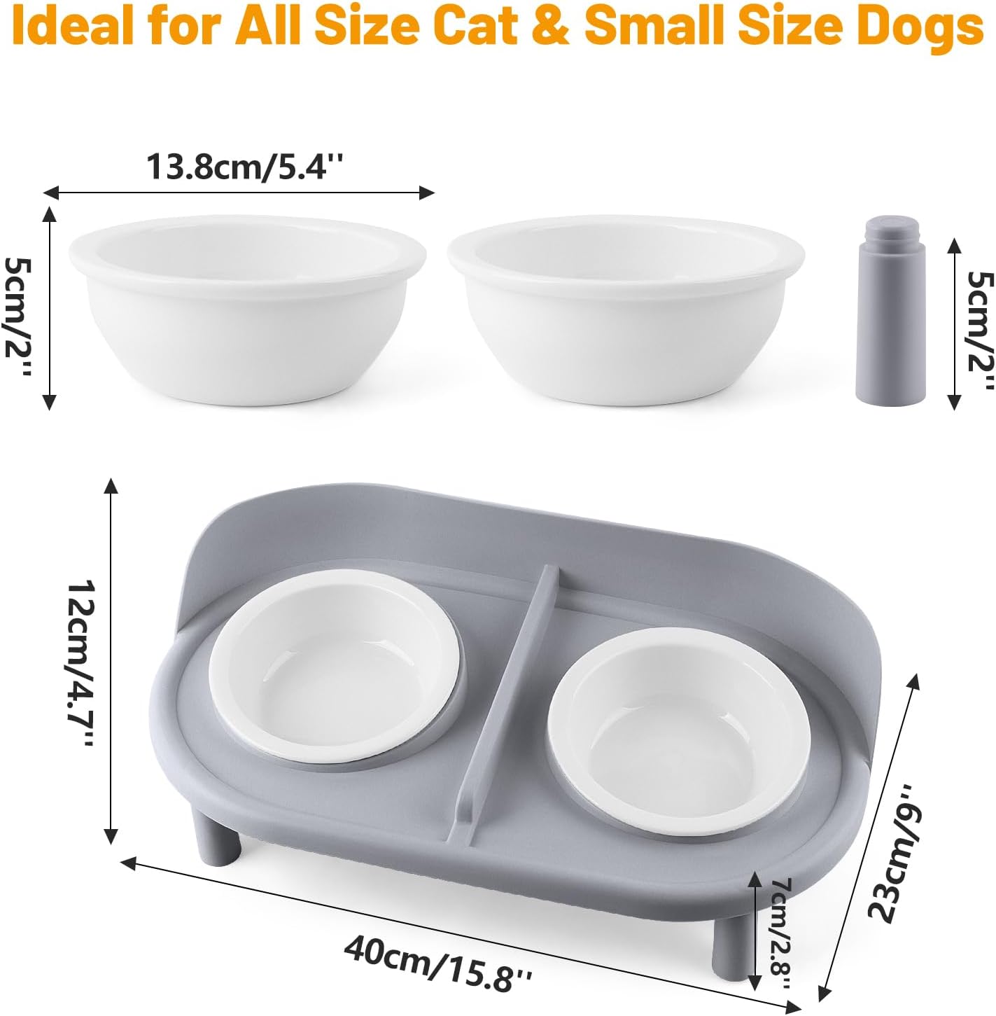 Elevated Cat Bowls, Tilted Rised Cat Food and Water Bowl with 2 Pcs Ceramic Pet Bowls, Rised Stand, Pet Dish Anti Vomiting Feeding Station for All Sized Cats & Small Dogs (Grey)