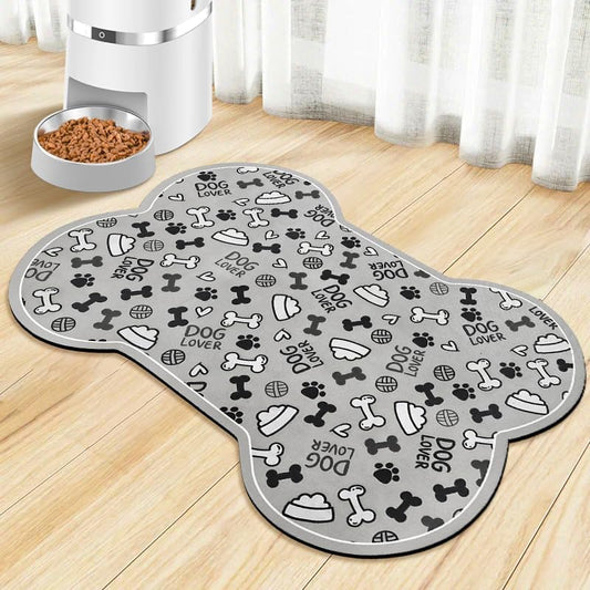 Dog Food Mats for Floors Waterproof, Pet Feeding Absorbent Water Bowl Mat Cat Placemats Gray Bone Shape 19 * 12 inch