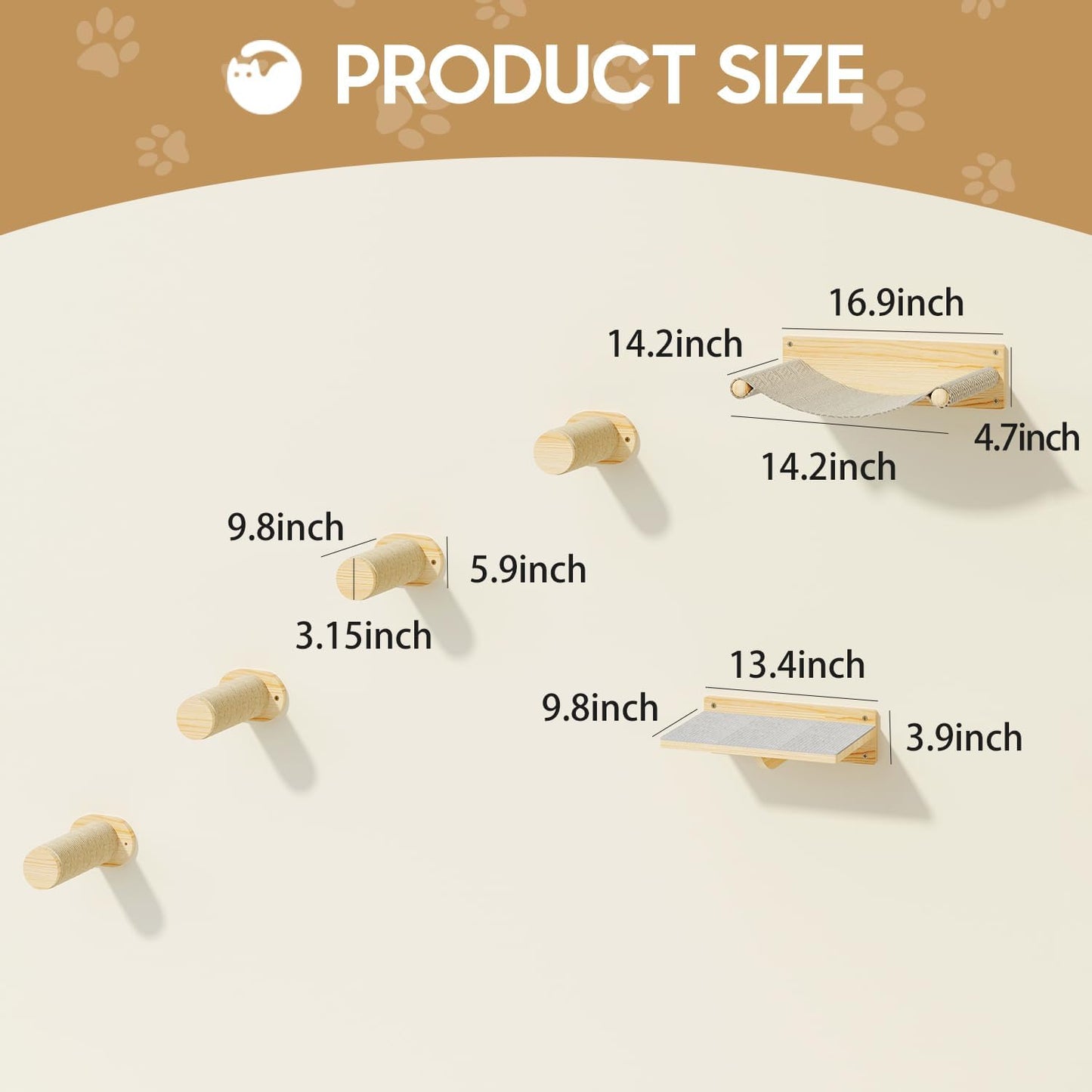 MeowHomm Cat Wall Shelves, Wooden Cat Wall Furniture Includes 4 Scratching Post Steps, Jumping Platform, Hammock for Kittens