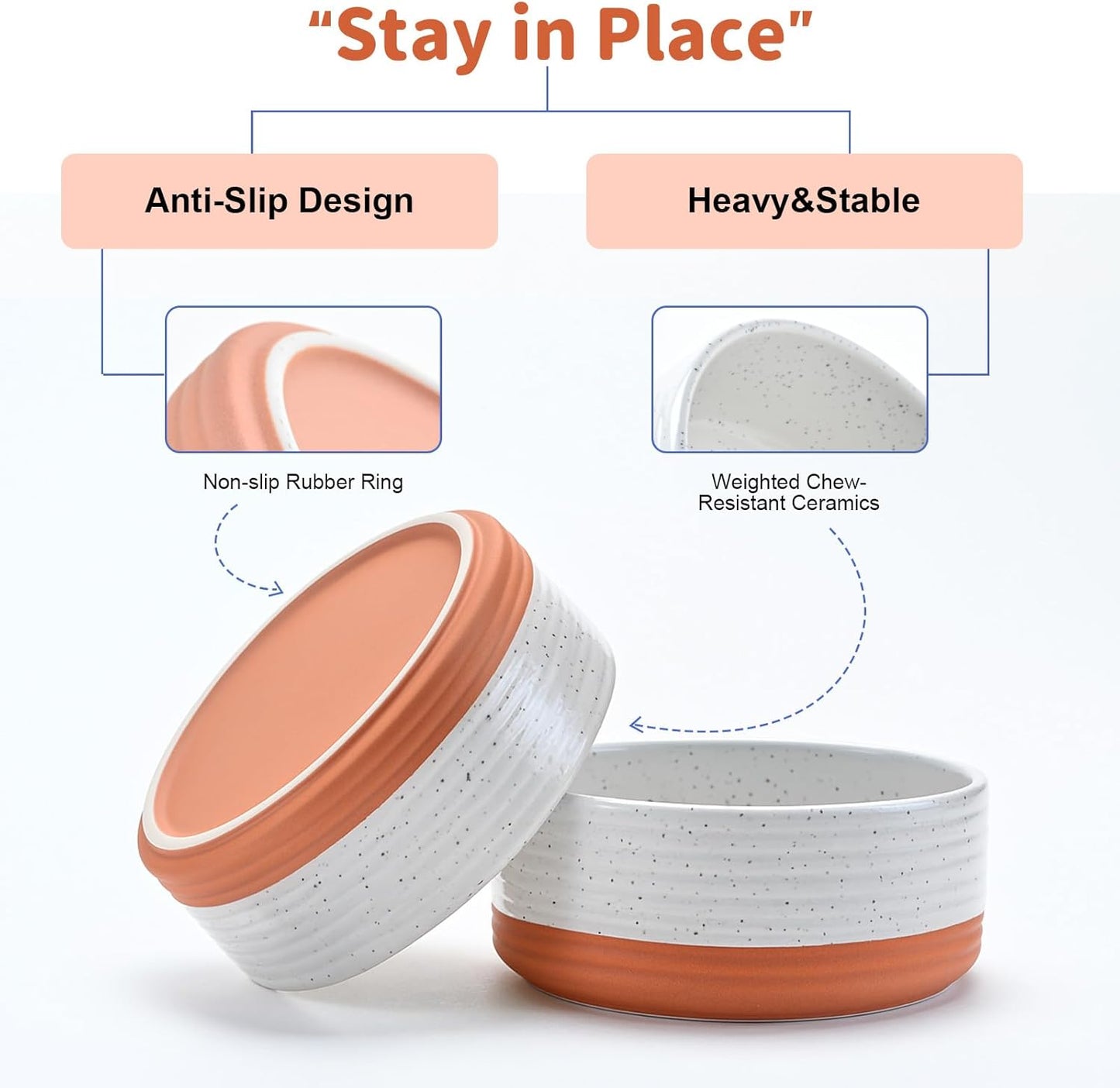 SPUNKYJUNKY Ceramic Dog Bowls 2 Pack, 7.3'' Dog Food Water Double Feeding Bowls Non-Slip for Medium to Large Sized Breed Microwave Dishwasher Safe - 42 OZ, 2pcs, Pattern White