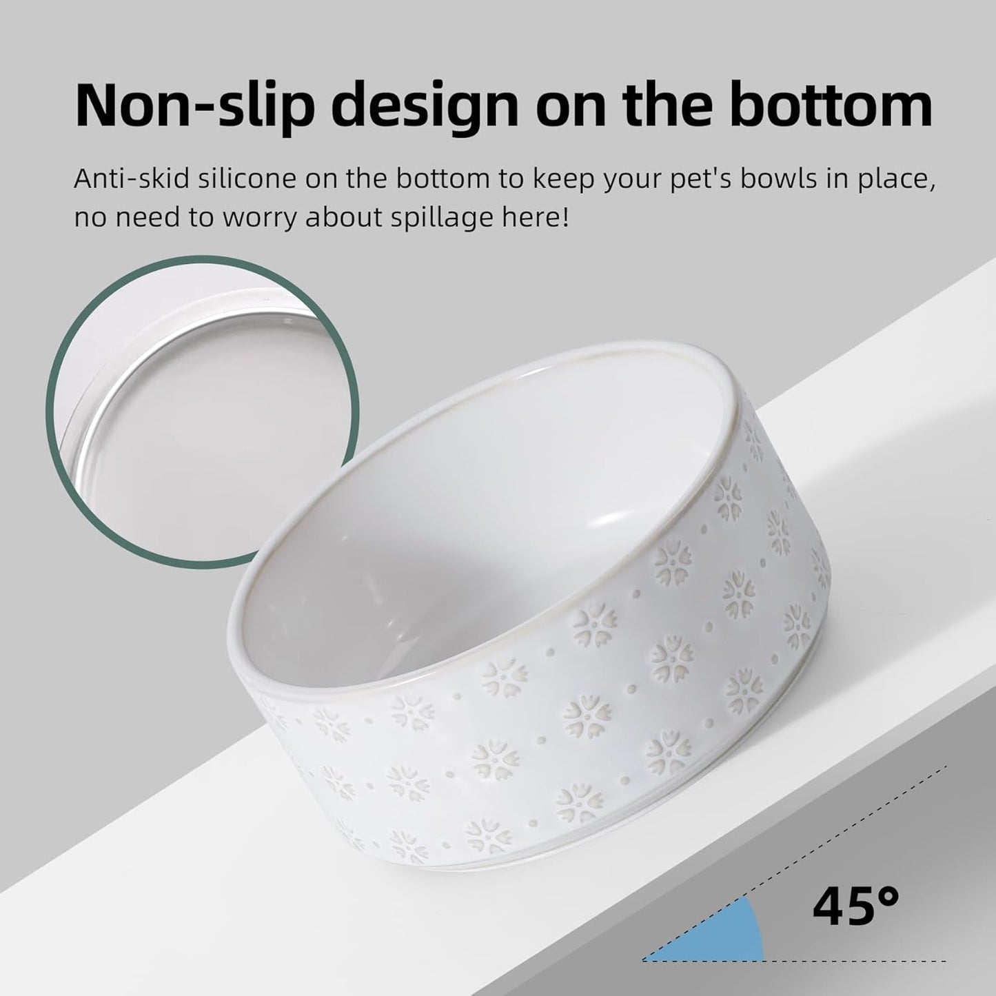 7.3inch Ceramic Raised Double Bowls Set with Acacia Wood Stand, Food & Water Bowls for Medium Breed Dogs, Weighted Dog Dishes, Pet Bowl(41OZ, Arctic White)