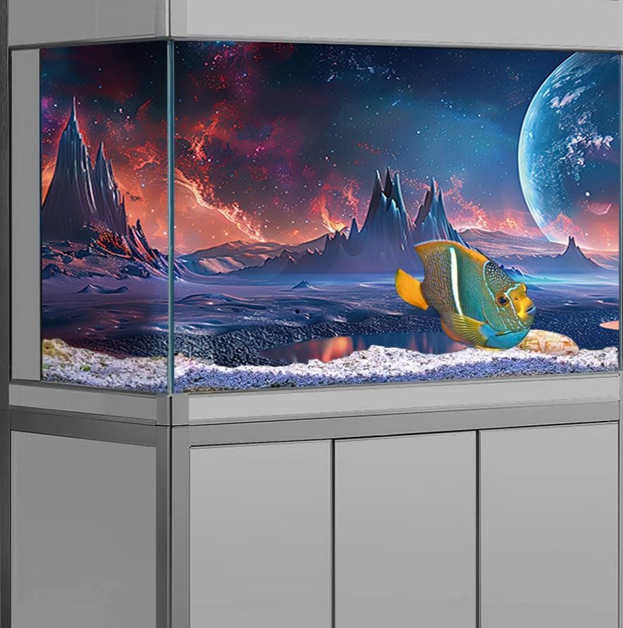 Scarlet Cosmic Aquarium Background,Cool Galaxy Parallel Space Themed Fish Tank Background, Tropical Desert Terrarium Background 72X18IN with 8 EVA Double-Sided Tape