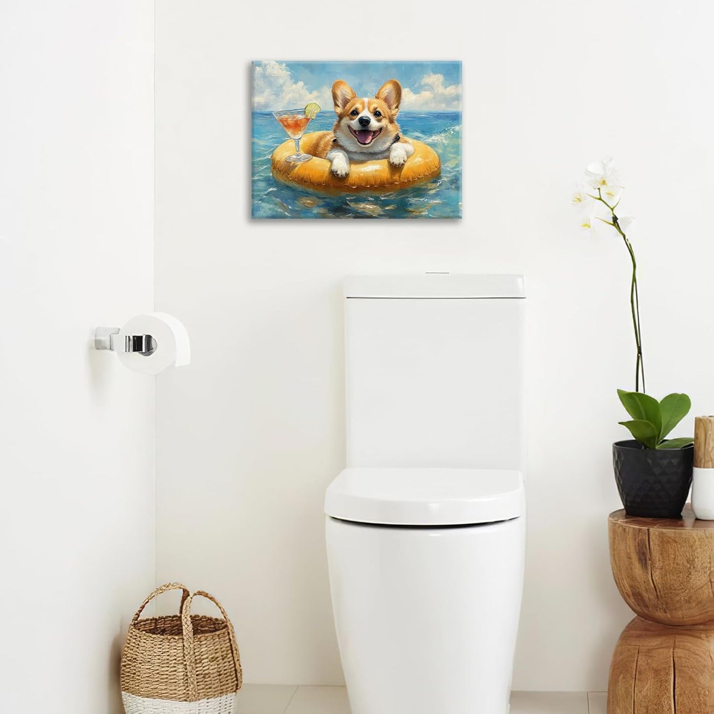 Ocean Funny Corgi Dog Pictures Wall Art, Bathroom Cute Dog Wall Decor Sea Coastal Framed Painting Beach Canvas Artwork for Bathroom Bedroom Living Room Decorations 20"L x 16"W