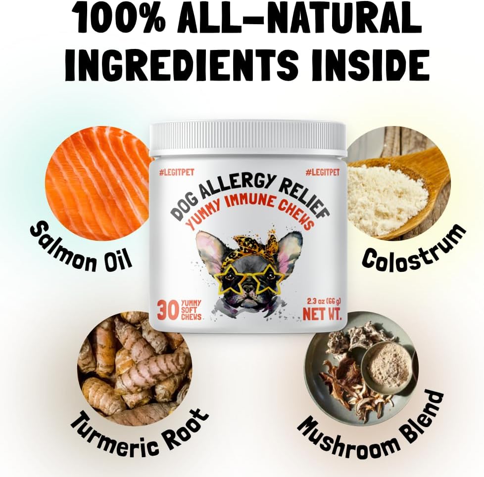 Allergy Relief Chews for Dogs & Immune & Digestive Supplement with Wild Salmon Oil Kelp Colostrum Turmeric Probiotics & Bee Pollen for Seasonal Allergies Anti Itch, Skin Hot Spots 30 Soft Treats