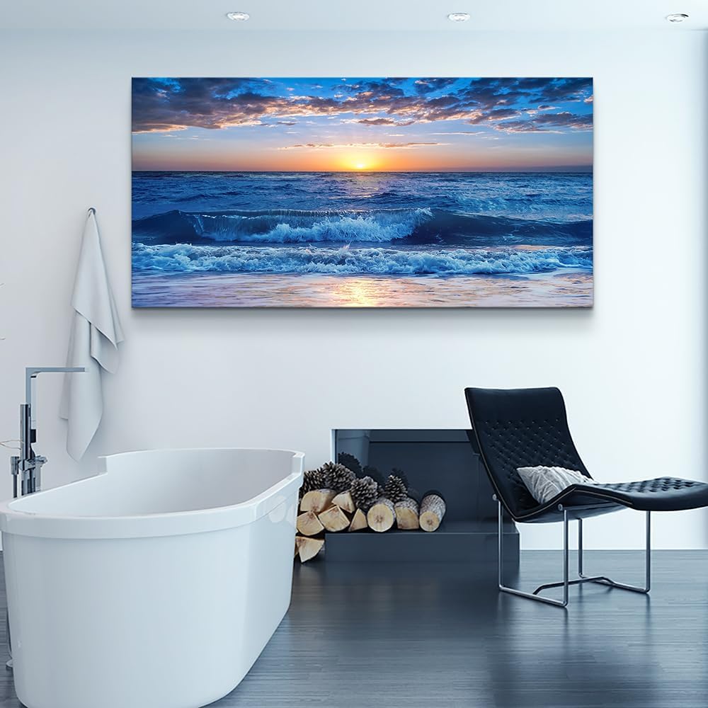 Lapremoly Framed Canvas Wall Art - Large Blue Ocean Beach Wall Painting for Living Room, Bedroom & Office - 24" x 48"