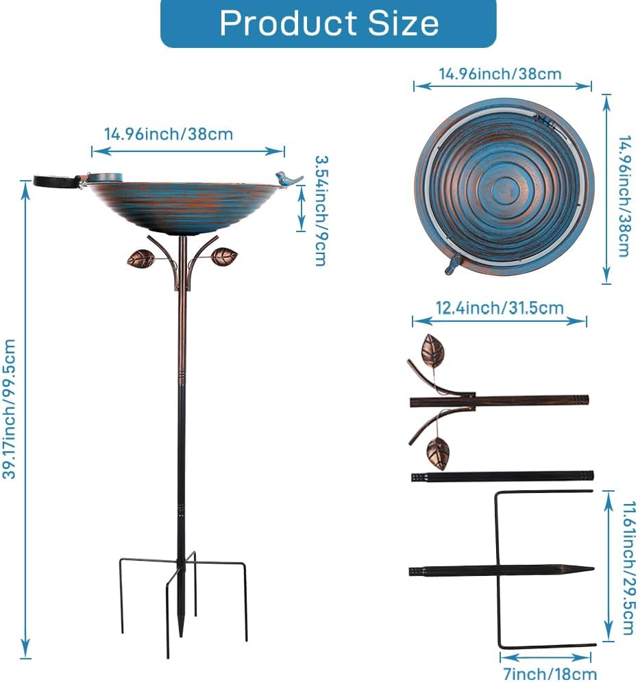 Metal Bird Bath with Stake, Large Standing Birdbath with Solar Light, 39" Tall Bird Bath & Feeder with 15" Bowl & Decorative Cast Iron Bird for Outside Garden Patio Yard Decor