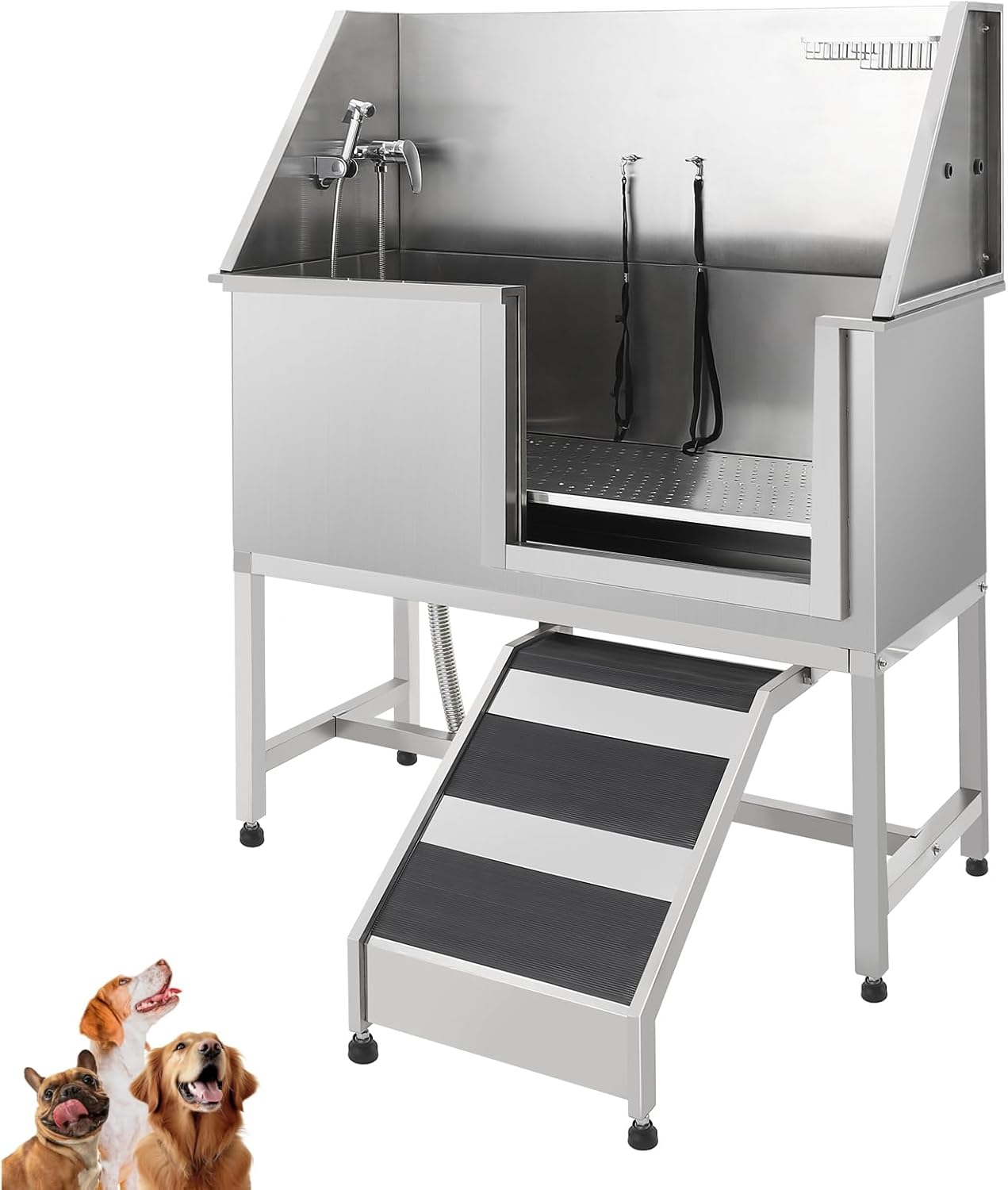 JoyJoy Stainless Steel Dog Washing Station - Dog Bath Tub for Large, Medium, Small Dogs, Pet Grooming Tub with Ramp, Non-Slip Grate, Shower, Soap Box, Faucet, Drain for Home & Outdoor（38"）