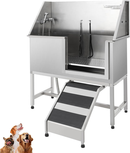 Stainless Steel Dog Washing Station - Dog Bath Tub for Large, Medium, Small Dogs, Pet Grooming Tub with Ramp, Non-Slip Grate, Shower, Soap Box, Faucet, Drain for Home & Outdoor （Right RAMP, 60"）