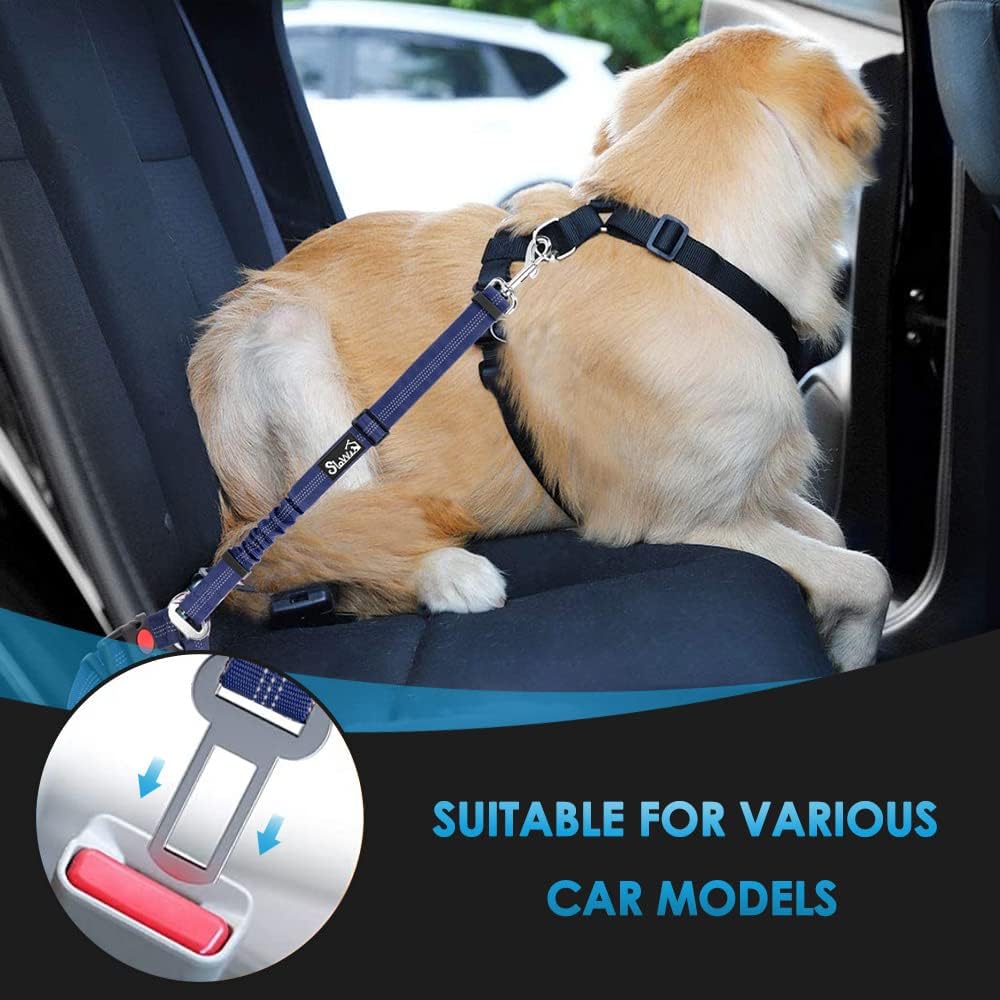 SlowTon Dog Seat Belt for Car, 2 Pack Dog Car Harness Seatbelt Adjustable with Elastic Bungee Buffer, 2 in 1 Pet Car Leash Headrest Restraint Dog Reflective Safety Tether (Blue, Headrest+Clip)