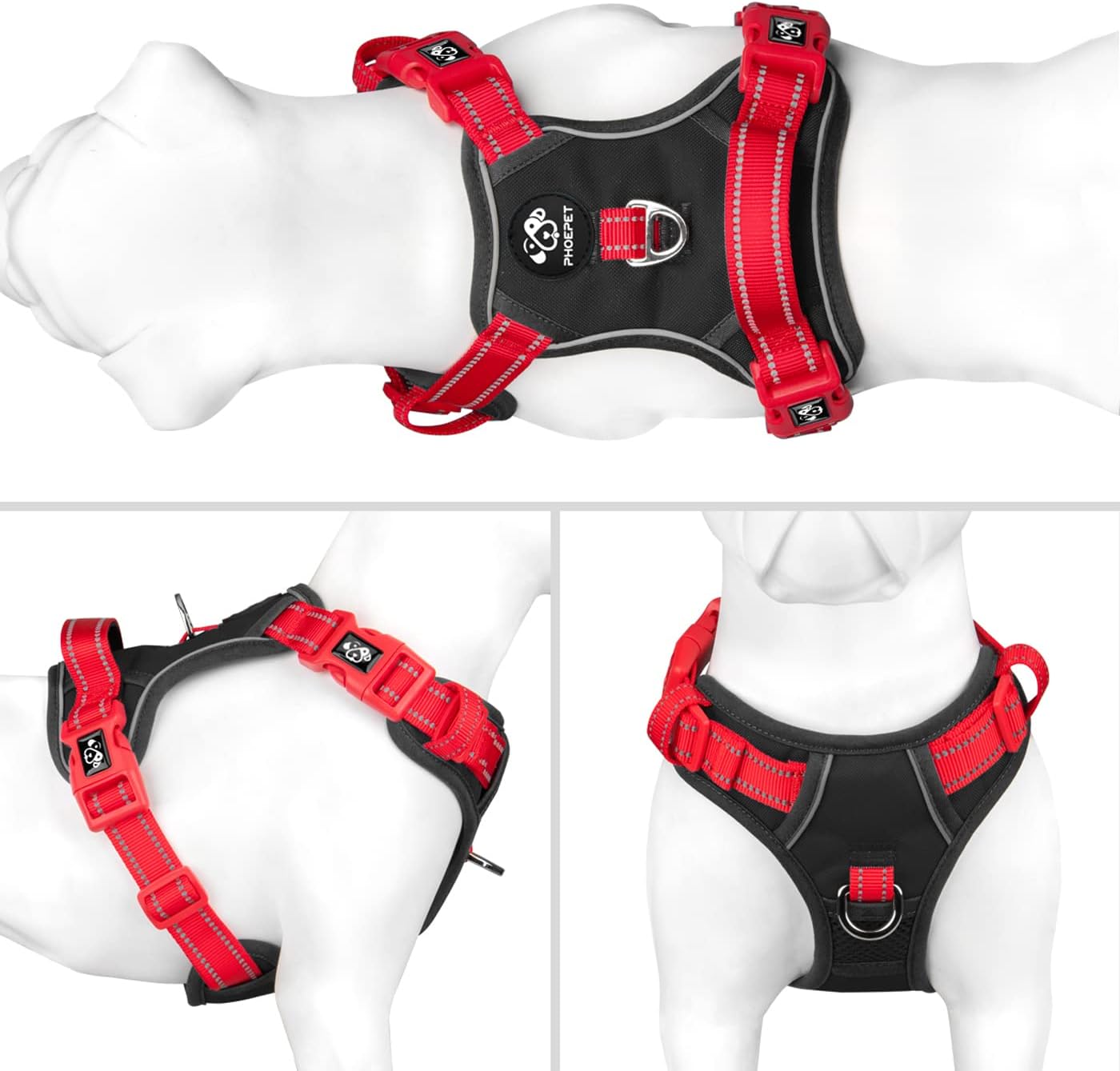 PHOEPET No Pull Dog Harness, Unique Colors Reflective Adjustable Dog Vest, with Soft Training Handle Metal Clips for Small Medium Large Dogs (Black Base & Red Straps,S)