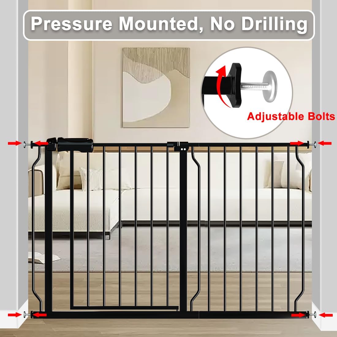 Fairy Baby Extra Wide Baby Gate Black 57.5-62 Inch Wide, Walk Through Pressure Mounted No Drill, Long and Large Tension Dog Gates for Pet and Kids