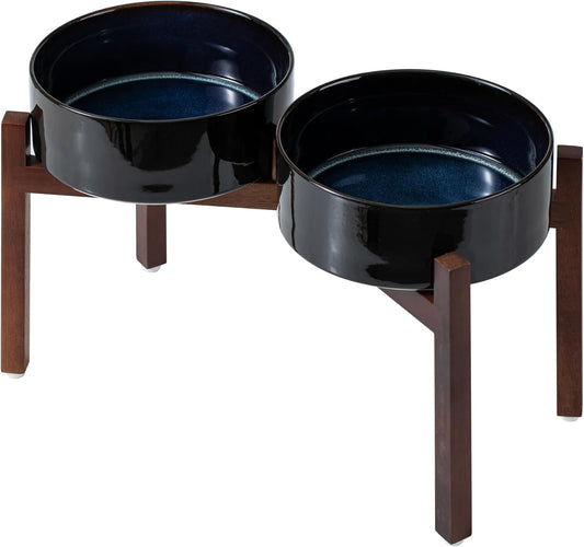 Ceramic 8.2inch Raised Double Dog Bowls Set with Acacia Wood Stand, Food & Water Bowls for Large Breed Dogs, Weighted Pet Dishes(60oz, Starry Sky)