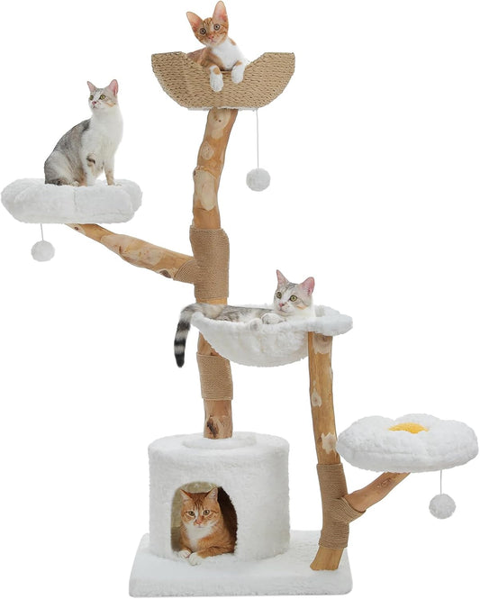 PAWZ Road Cat Tree for Indoor Cats Large Adults, 59 Inches Modern Cat Tower with Large Basket and Hammock, Natural Solid Wood, Luxury Condo & Dual Perches, Modern Cat Furniture for Big Cats, White