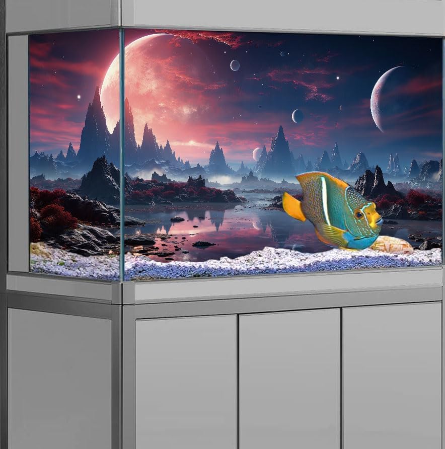 30X18IN Cosmic Spaceterrarium Background, Cool Parallel Space Themed Aquarium Reptile Habitat Background, Red Moon Aquarium Background with 10EVA Double-Sided Tape